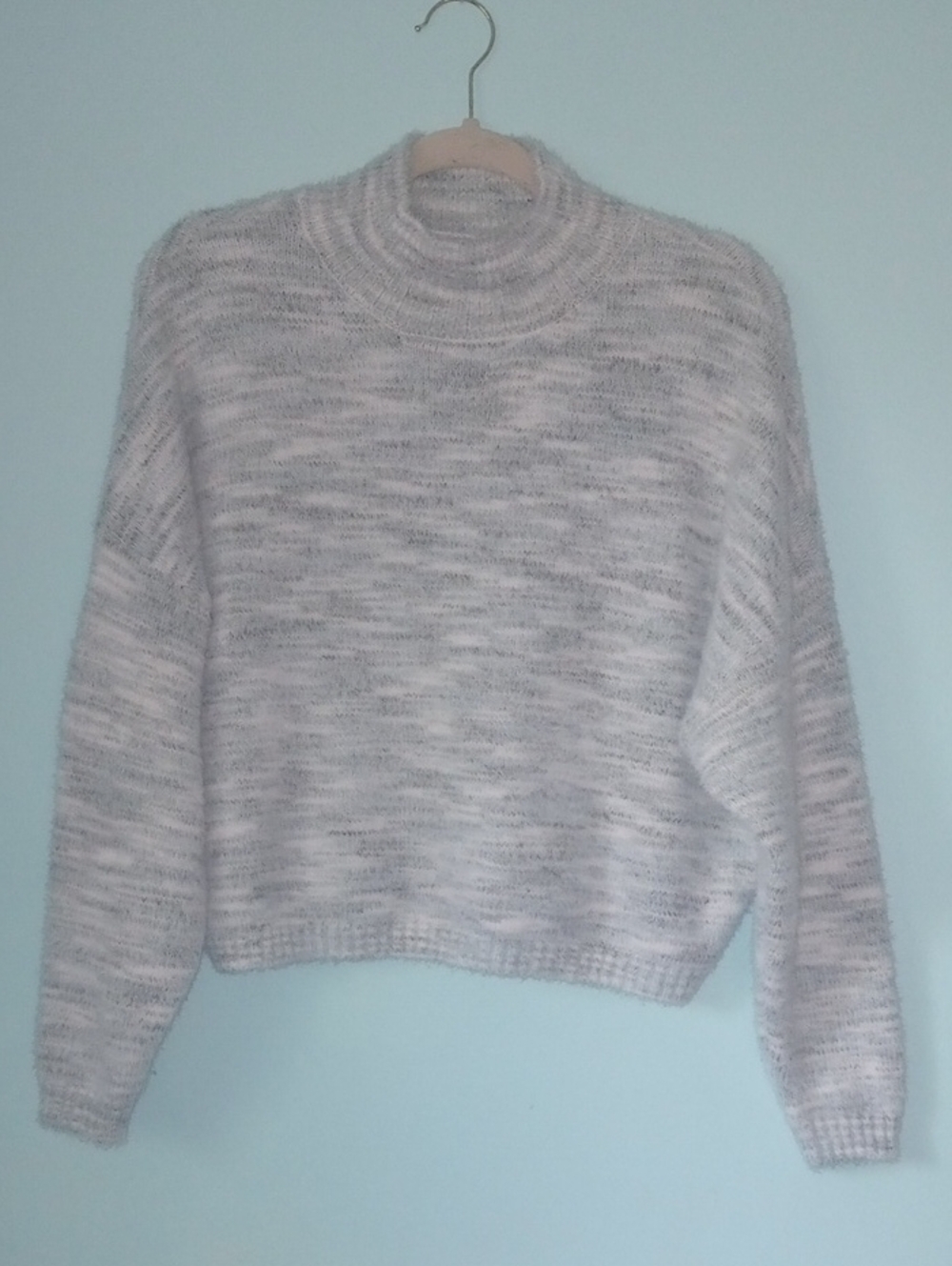 Sincerely Jules Marled Mockneck Sweater - Light Blue, Gray And White Fabric